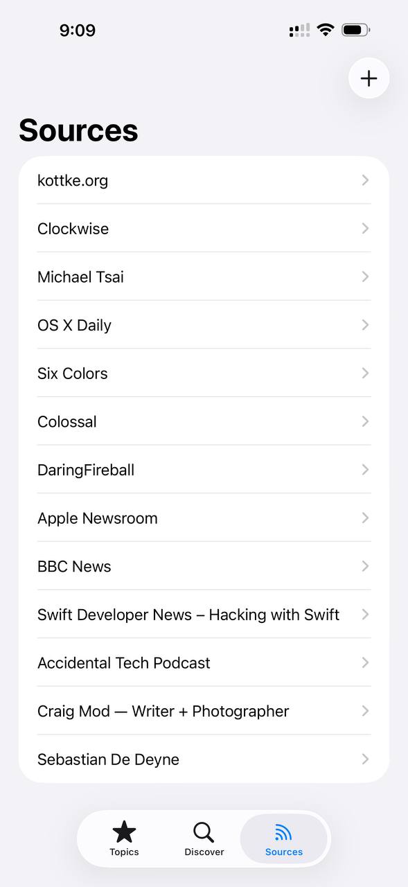 Sources screen listing subscribed publications