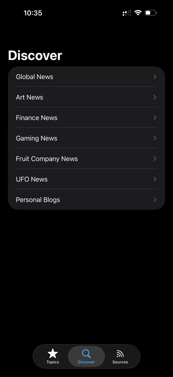 Discover screen with curated source categories