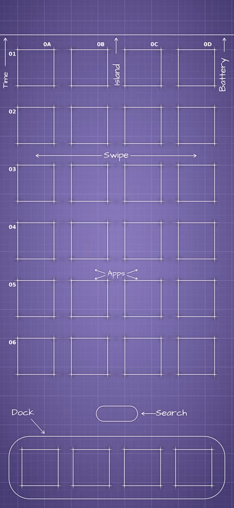 Digital Lavender Home Screen wallpaper: blueprint squares laid out behind the app grid and dock.
