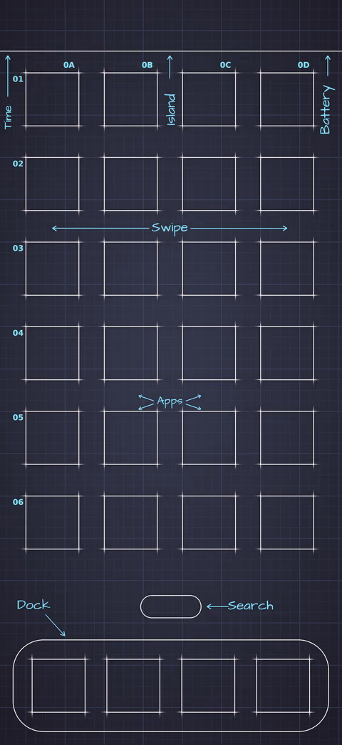 Dracula Home Screen wallpaper: blueprint squares laid out behind the app grid and dock.