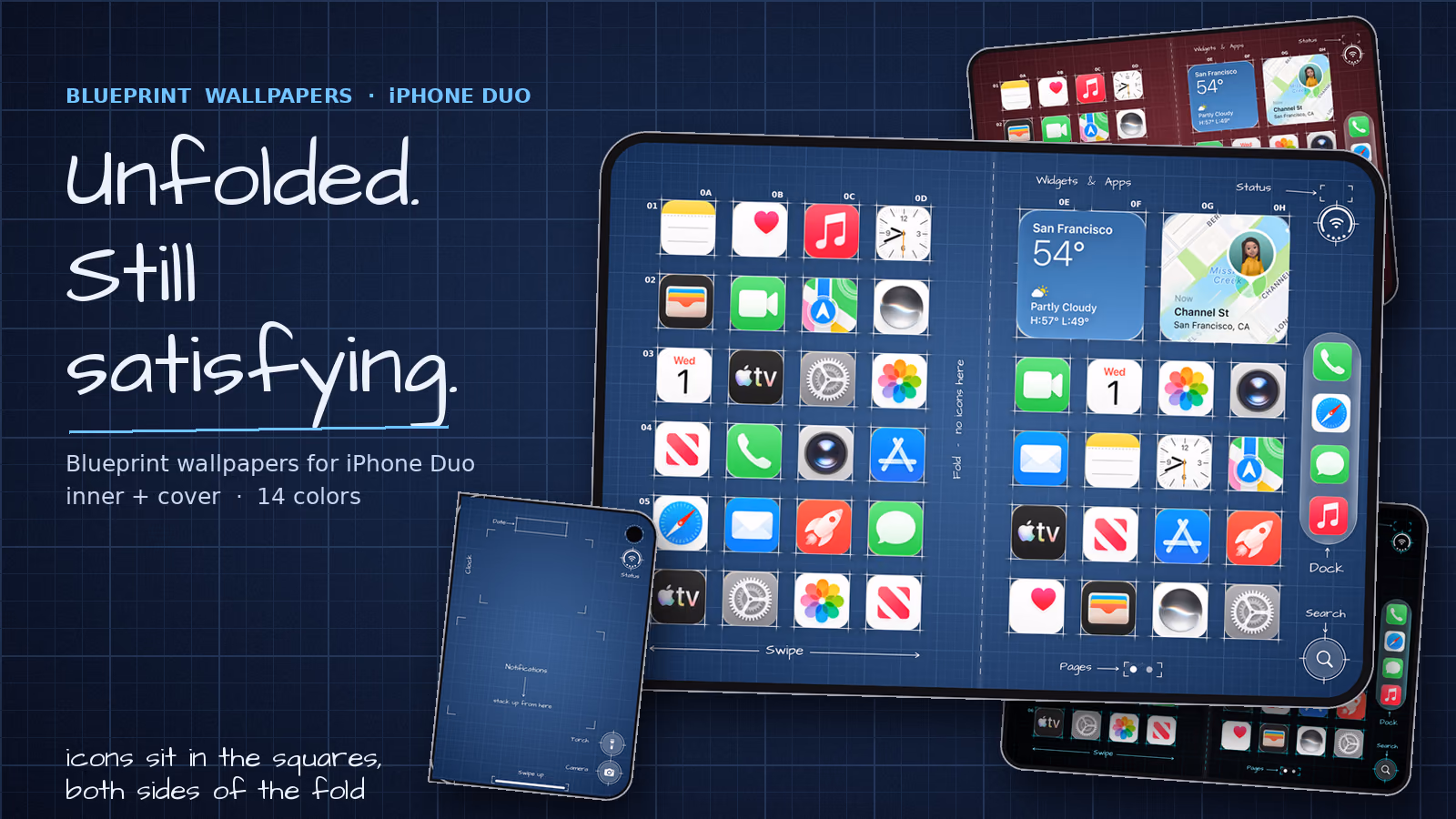 iPhone Duo opened wide, with the blueprint wallpaper drawing a square behind every app icon on both sides of the fold.