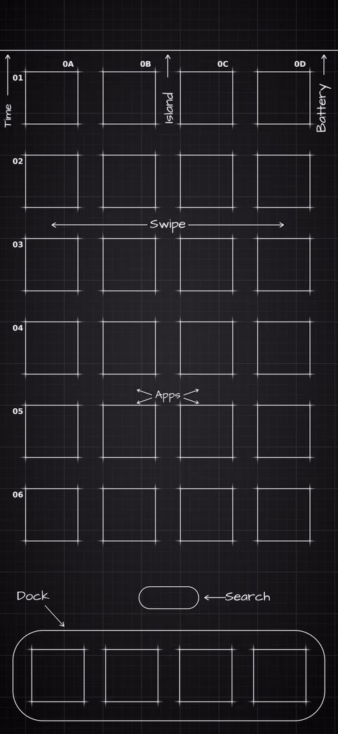iPhone 18 Pro Black Home Screen wallpaper: blueprint squares laid out behind the app grid and dock.