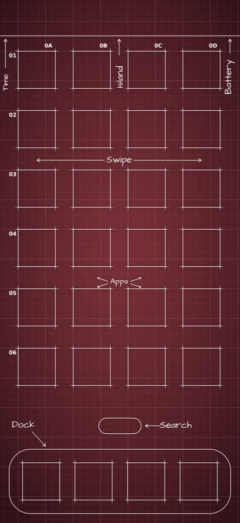 iPhone 18 Pro Burgundy Home Screen wallpaper: blueprint squares laid out behind the app grid and dock.