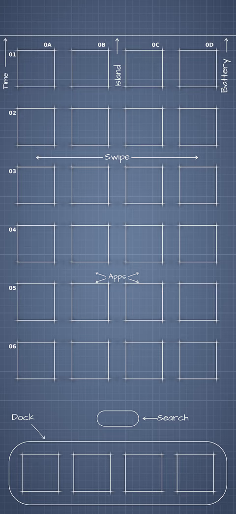 iPhone 18 Pro Glacier Home Screen wallpaper: blueprint squares laid out behind the app grid and dock.