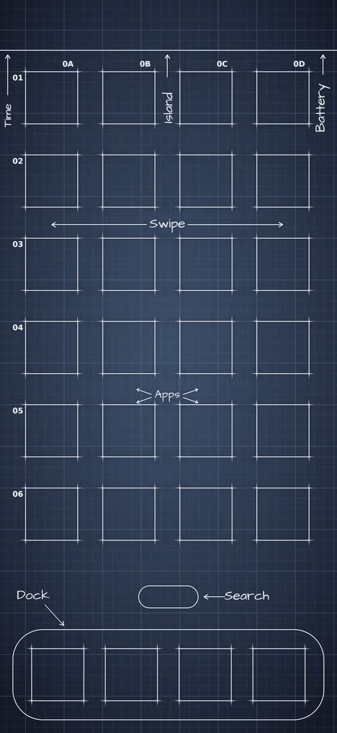 iPhone Duo Night Sky Home Screen wallpaper: blueprint squares laid out behind the app grid and dock.