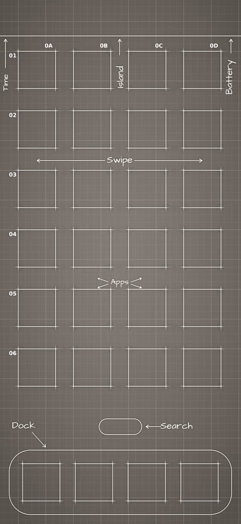 iPhone Duo Star White Home Screen wallpaper: blueprint squares laid out behind the app grid and dock.