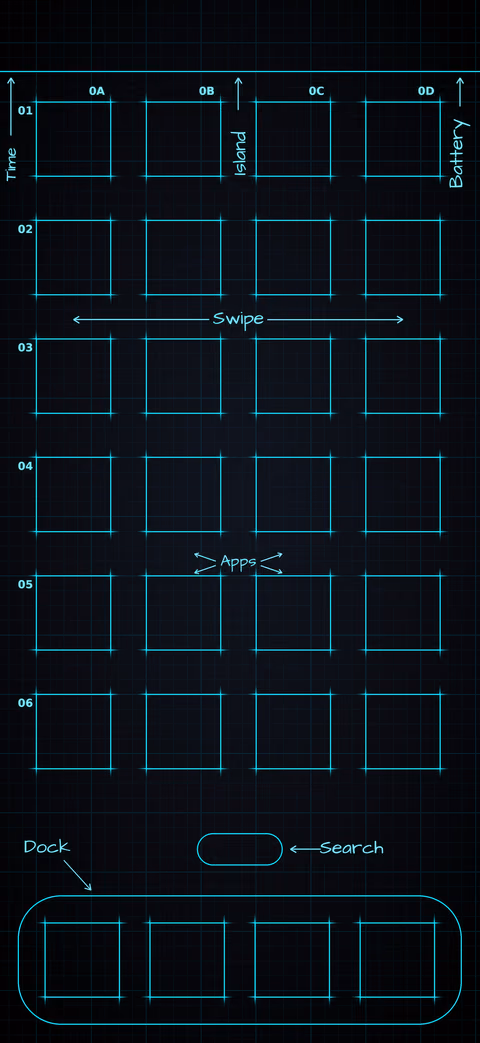 Midnight Neon Home Screen wallpaper: blueprint squares laid out behind the app grid and dock.