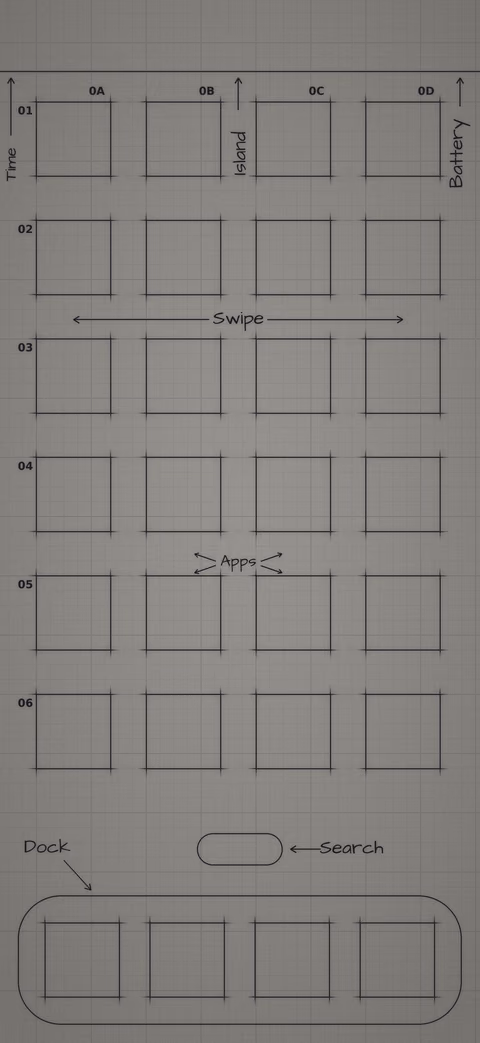 Mono Graphite Paper Home Screen wallpaper: blueprint squares laid out behind the app grid and dock.