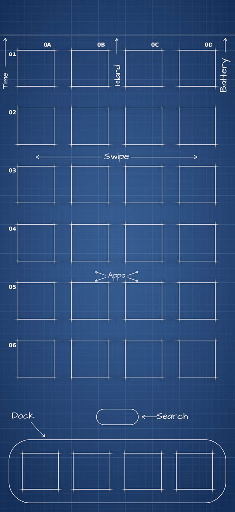 Navy Blueprint Home Screen wallpaper: blueprint squares laid out behind the app grid and dock.