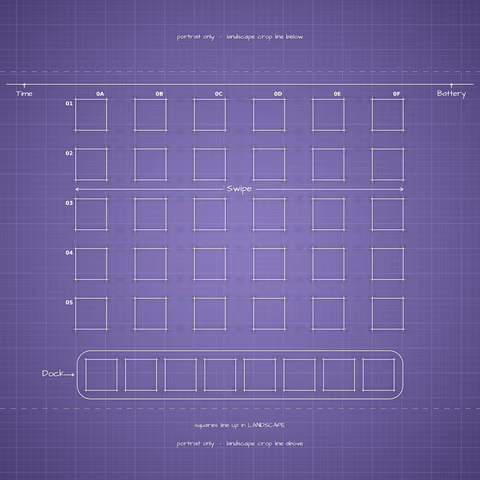 Digital Lavender Home Screen wallpaper: blueprint squares laid out behind the landscape app grid and dock.