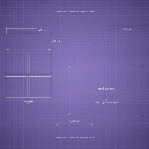 Digital Lavender Lock Screen wallpaper: blueprint callouts around the landscape date, clock, widgets, and notifications.