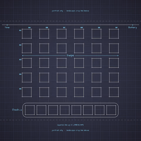 Dracula Home Screen wallpaper: blueprint squares laid out behind the landscape app grid and dock.