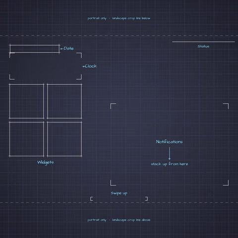 Dracula Lock Screen wallpaper: blueprint callouts around the landscape date, clock, widgets, and notifications.