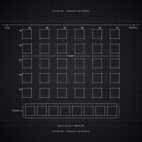 iPhone 18 Pro Black Home Screen wallpaper: blueprint squares laid out behind the landscape app grid and dock.