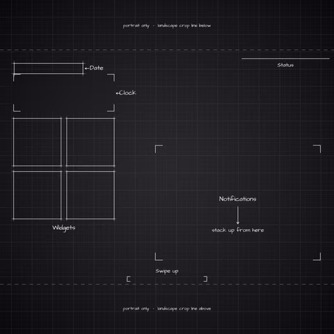 iPhone 18 Pro Black Lock Screen wallpaper: blueprint callouts around the landscape date, clock, widgets, and notifications.