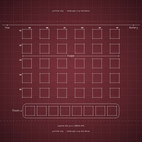 iPhone 18 Pro Burgundy Home Screen wallpaper: blueprint squares laid out behind the landscape app grid and dock.