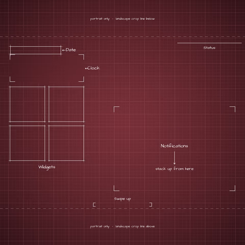 iPhone 18 Pro Burgundy Lock Screen wallpaper: blueprint callouts around the landscape date, clock, widgets, and notifications.