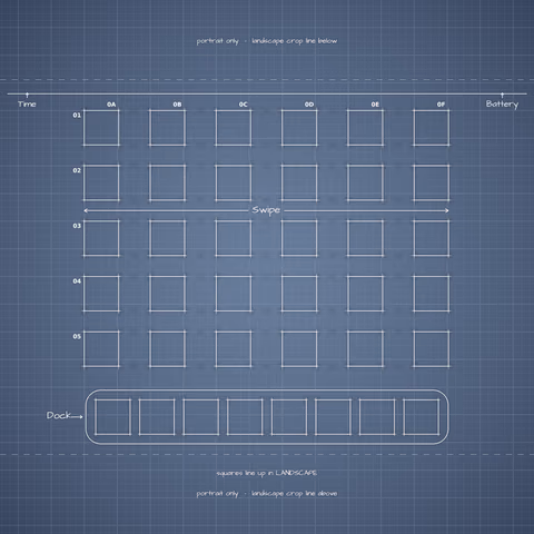 iPhone 18 Pro Glacier Home Screen wallpaper: blueprint squares laid out behind the landscape app grid and dock.