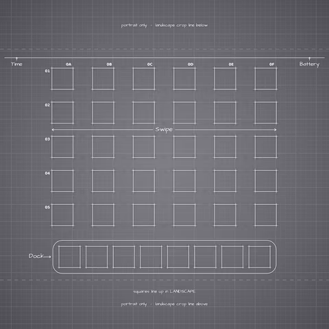 iPhone 18 Pro Silver Home Screen wallpaper: blueprint squares laid out behind the landscape app grid and dock.