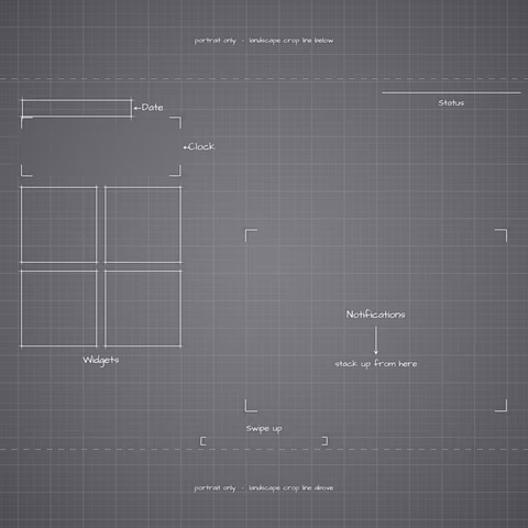 iPhone 18 Pro Silver Lock Screen wallpaper: blueprint callouts around the landscape date, clock, widgets, and notifications.