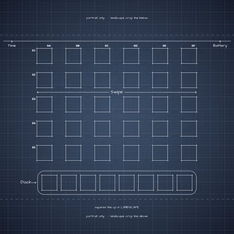 iPhone Duo Night Sky Home Screen wallpaper: blueprint squares laid out behind the landscape app grid and dock.