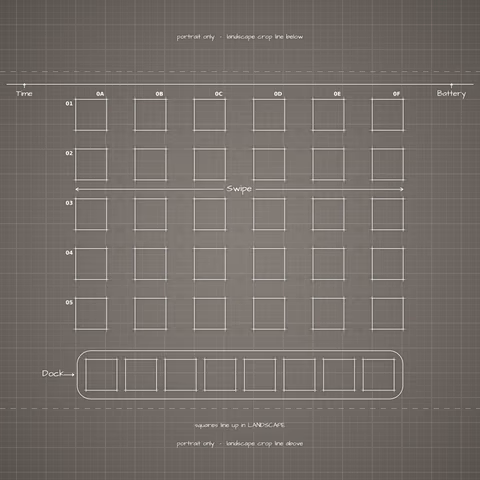 iPhone Duo Star White Home Screen wallpaper: blueprint squares laid out behind the landscape app grid and dock.