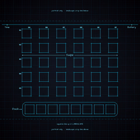 Midnight Neon Home Screen wallpaper: blueprint squares laid out behind the landscape app grid and dock.