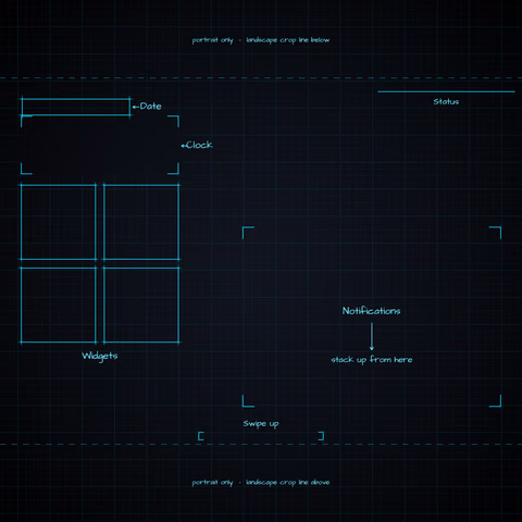Midnight Neon Lock Screen wallpaper: blueprint callouts around the landscape date, clock, widgets, and notifications.