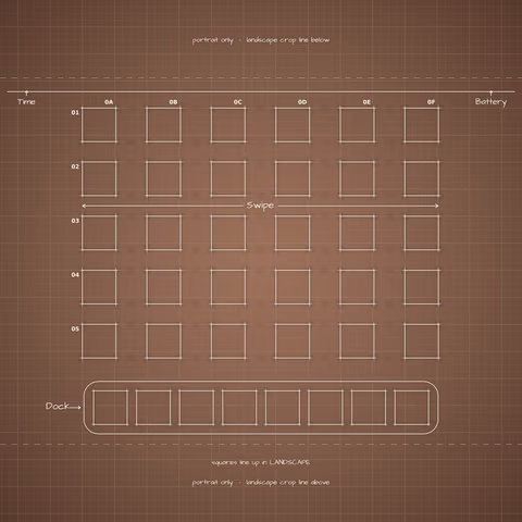 Mocha Mousse Home Screen wallpaper: blueprint squares laid out behind the landscape app grid and dock.