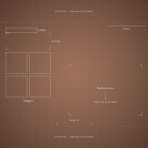 Mocha Mousse Lock Screen wallpaper: blueprint callouts around the landscape date, clock, widgets, and notifications.