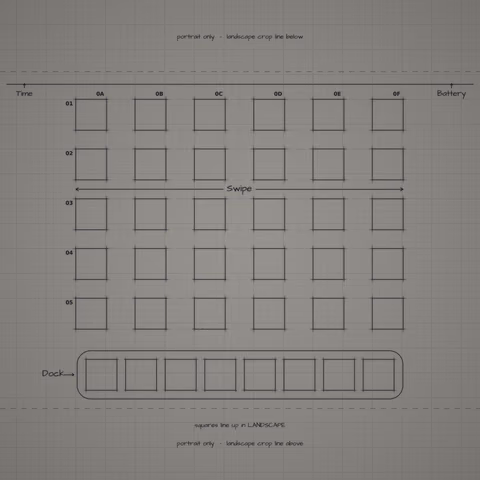 Mono Graphite Paper Home Screen wallpaper: blueprint squares laid out behind the landscape app grid and dock.