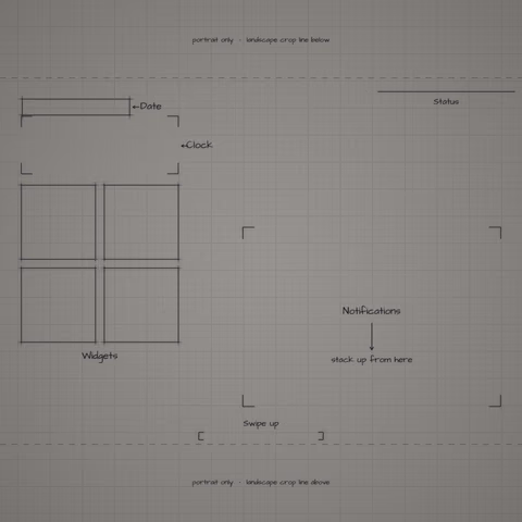 Mono Graphite Paper Lock Screen wallpaper: blueprint callouts around the landscape date, clock, widgets, and notifications.