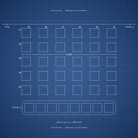 Navy Blueprint Home Screen wallpaper: blueprint squares laid out behind the landscape app grid and dock.