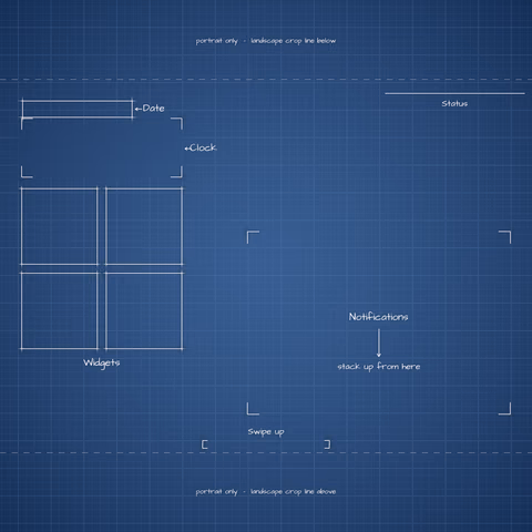 Navy Blueprint Lock Screen wallpaper: blueprint callouts around the landscape date, clock, widgets, and notifications.