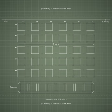 Sage Home Screen wallpaper: blueprint squares laid out behind the landscape app grid and dock.