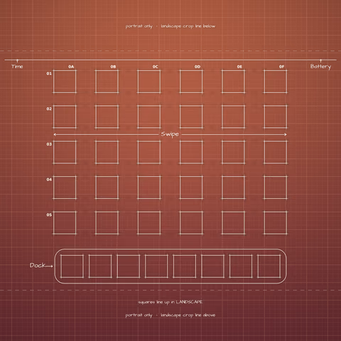 Terracotta Sunset Home Screen wallpaper: blueprint squares laid out behind the landscape app grid and dock.
