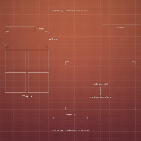 Terracotta Sunset Lock Screen wallpaper: blueprint callouts around the landscape date, clock, widgets, and notifications.