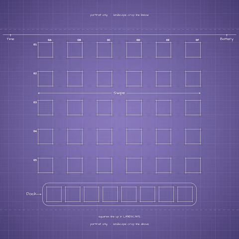 Digital Lavender Home Screen wallpaper: blueprint squares laid out behind the landscape app grid and dock.