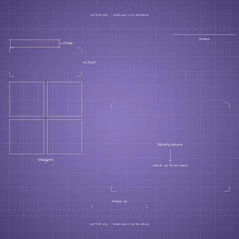 Digital Lavender Lock Screen wallpaper: blueprint callouts around the landscape date, clock, widgets, and notifications.
