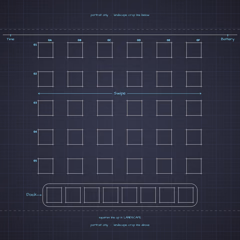 Dracula Home Screen wallpaper: blueprint squares laid out behind the landscape app grid and dock.