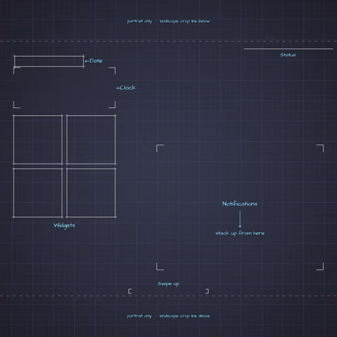 Dracula Lock Screen wallpaper: blueprint callouts around the landscape date, clock, widgets, and notifications.