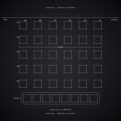 iPhone 18 Pro Black Home Screen wallpaper: blueprint squares laid out behind the landscape app grid and dock.