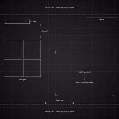 iPhone 18 Pro Black Lock Screen wallpaper: blueprint callouts around the landscape date, clock, widgets, and notifications.