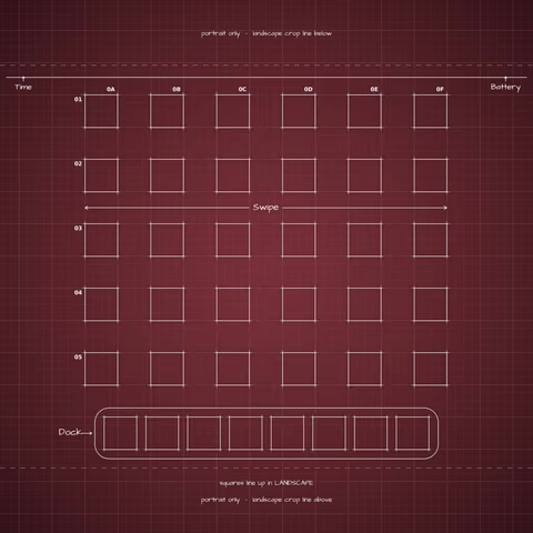 iPhone 18 Pro Burgundy Home Screen wallpaper: blueprint squares laid out behind the landscape app grid and dock.