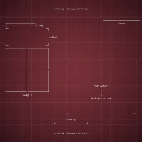 iPhone 18 Pro Burgundy Lock Screen wallpaper: blueprint callouts around the landscape date, clock, widgets, and notifications.