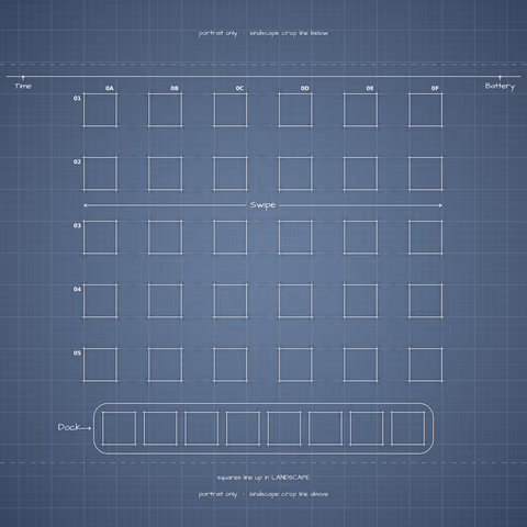 iPhone 18 Pro Glacier Home Screen wallpaper: blueprint squares laid out behind the landscape app grid and dock.