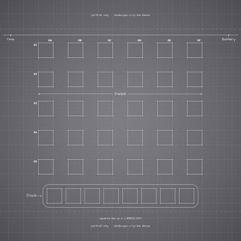 iPhone 18 Pro Silver Home Screen wallpaper: blueprint squares laid out behind the landscape app grid and dock.