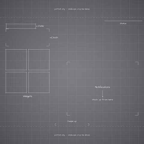 iPhone 18 Pro Silver Lock Screen wallpaper: blueprint callouts around the landscape date, clock, widgets, and notifications.