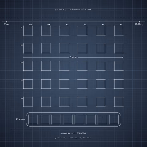 iPhone Duo Night Sky Home Screen wallpaper: blueprint squares laid out behind the landscape app grid and dock.
