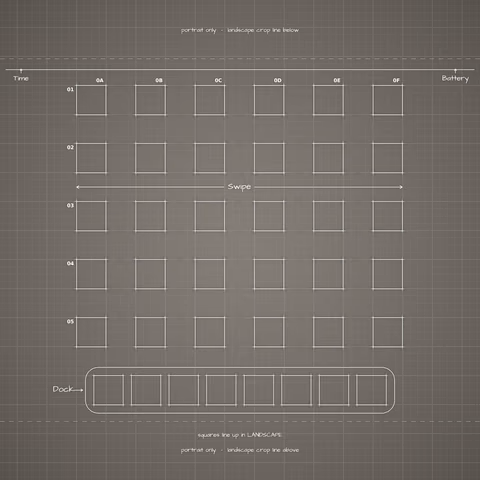 iPhone Duo Star White Home Screen wallpaper: blueprint squares laid out behind the landscape app grid and dock.